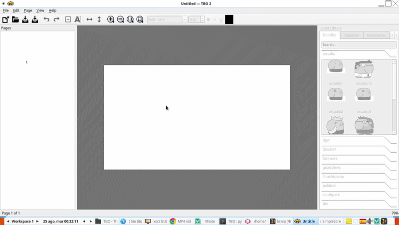 Screen recording of TBO 2 on Linux: a blank page is opened, a cartoon character is picked from the asset library and lands on the canvas inside a selection box, a speech bubble is added from the Bubbles tab, the words are typed into it, and the bubble is dragged up next to the character's head.